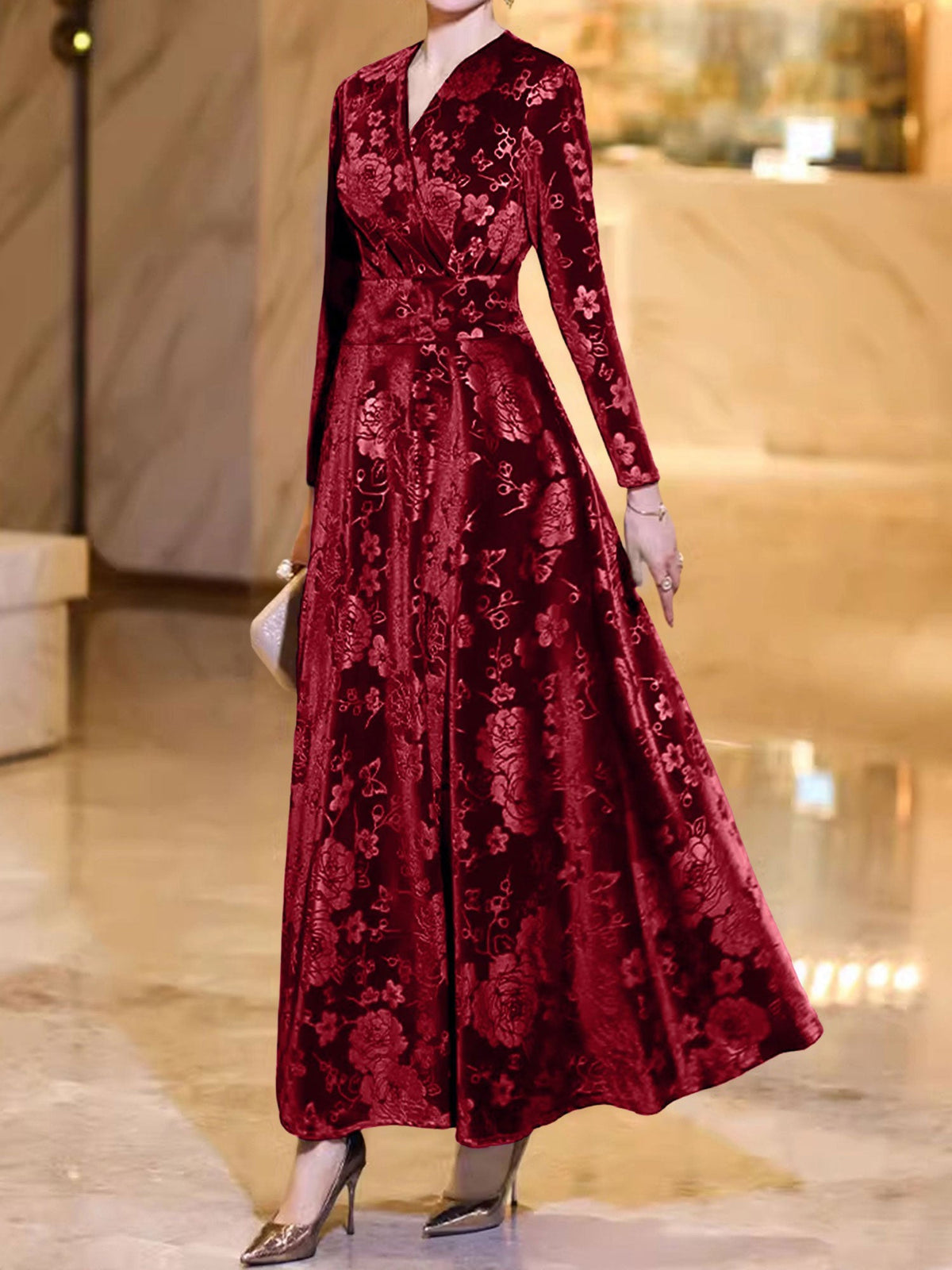 Velvet Floral Textured V Neck Long Sleeves Maxi Dress