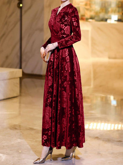 Velvet Floral Textured V Neck Long Sleeves Maxi Dress