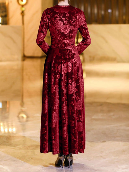Velvet Floral Textured V Neck Long Sleeves Maxi Dress