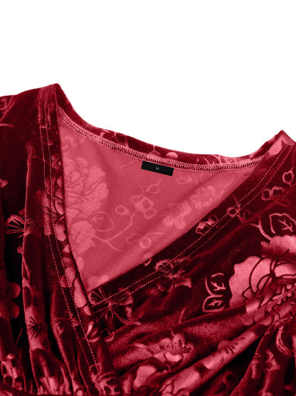 Velvet Floral Textured V Neck Long Sleeves Maxi Dress