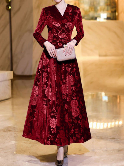 Velvet Floral Textured V Neck Long Sleeves Maxi Dress
