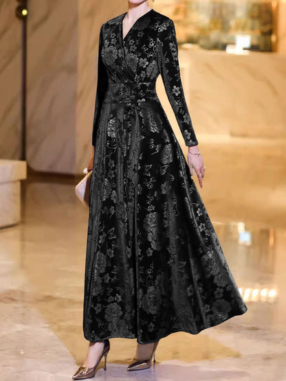 Velvet Floral Textured V Neck Long Sleeves Maxi Dress