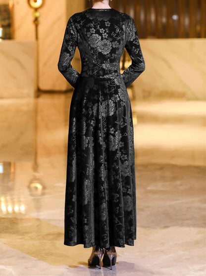 Velvet Floral Textured V Neck Long Sleeves Maxi Dress