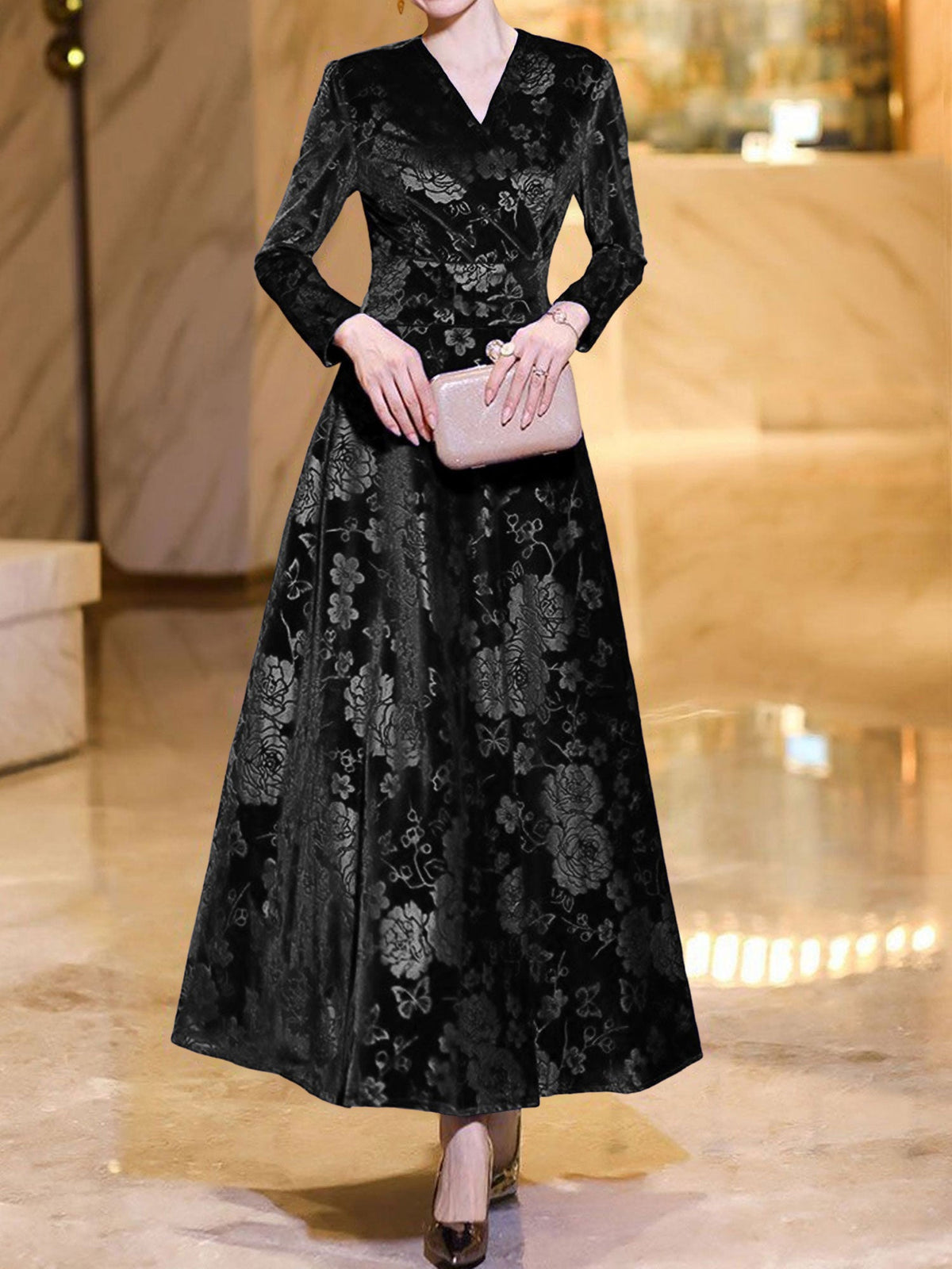 Velvet Floral Textured V Neck Long Sleeves Maxi Dress