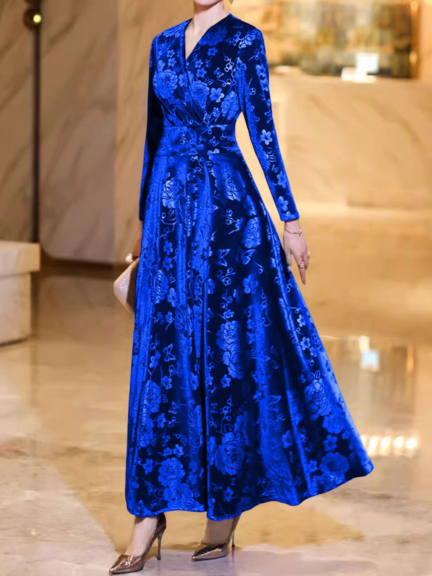 Velvet Floral Textured V Neck Long Sleeves Maxi Dress