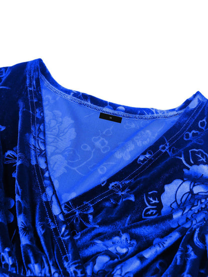 Velvet Floral Textured V Neck Long Sleeves Maxi Dress