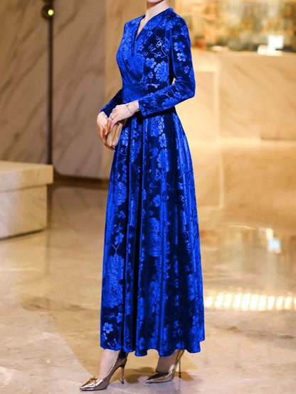 Velvet Floral Textured V Neck Long Sleeves Maxi Dress
