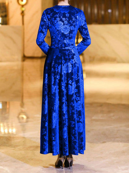 Velvet Floral Textured V Neck Long Sleeves Maxi Dress