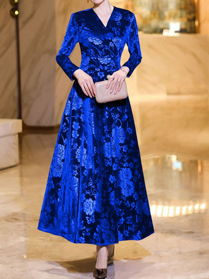 Velvet Floral Textured V Neck Long Sleeves Maxi Dress