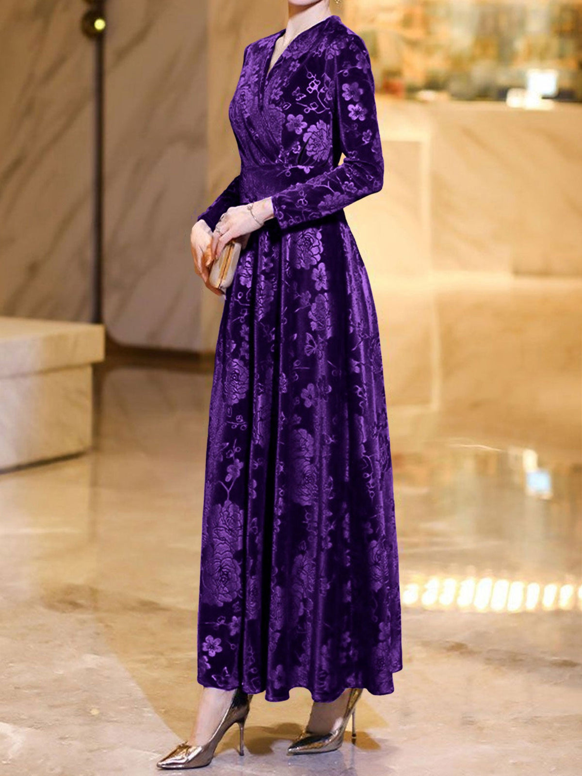 Velvet Floral Textured V Neck Long Sleeves Maxi Dress