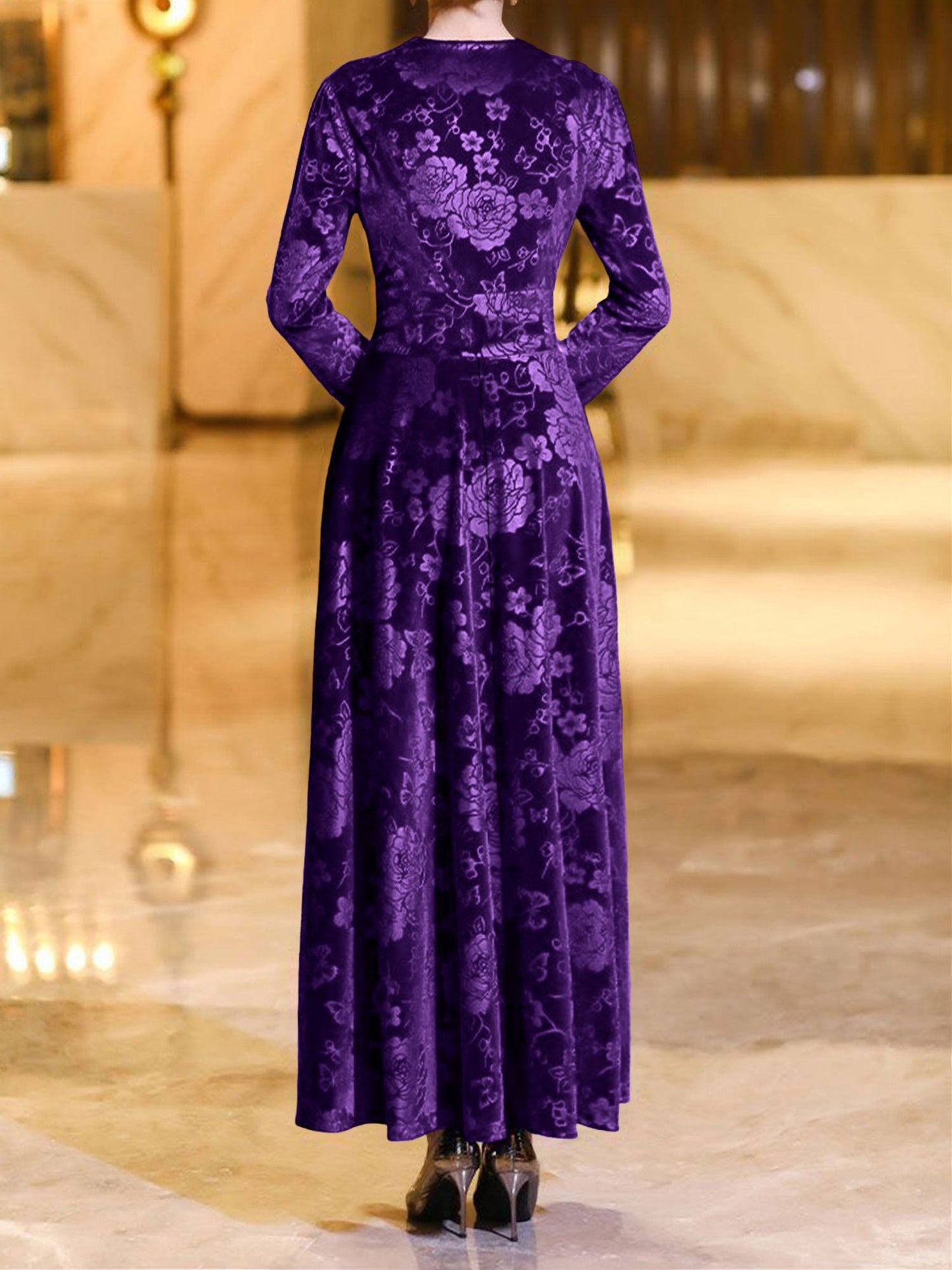 Velvet Floral Textured V Neck Long Sleeves Maxi Dress