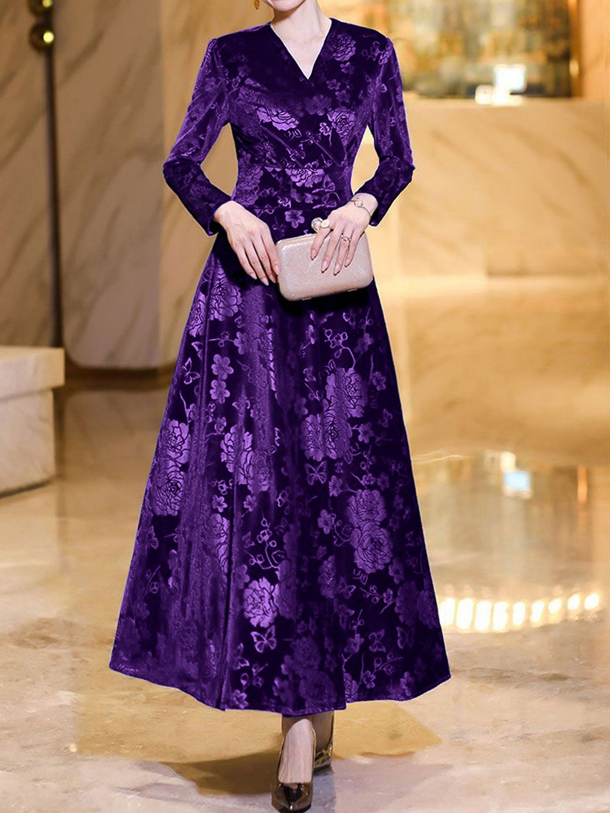 Velvet Floral Textured V Neck Long Sleeves Maxi Dress