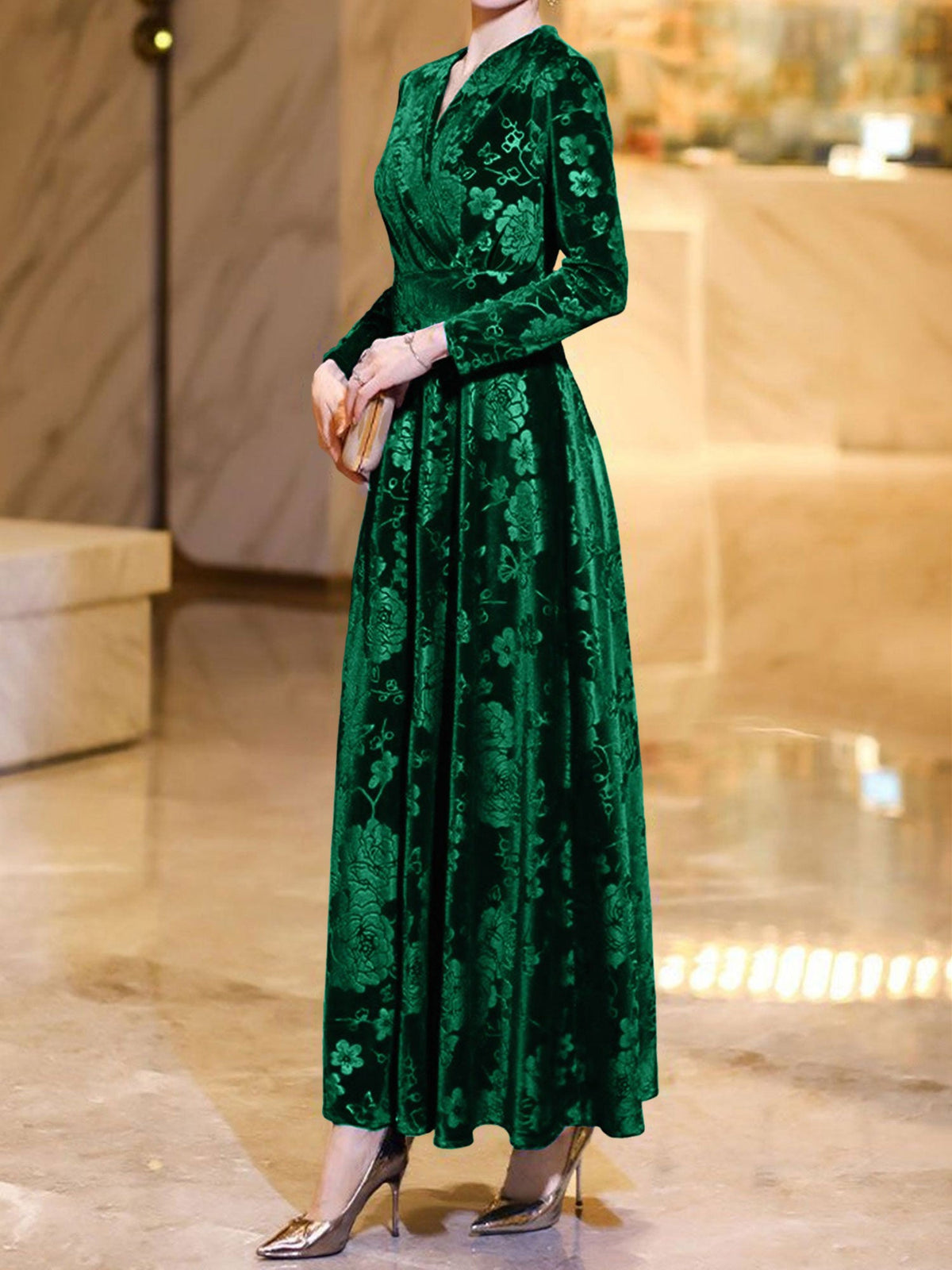 Velvet Floral Textured V Neck Long Sleeves Maxi Dress