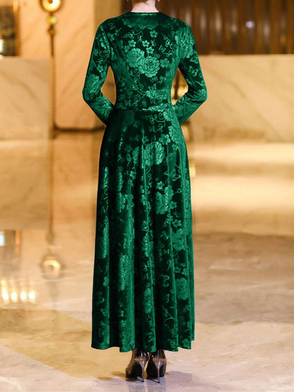 Velvet Floral Textured V Neck Long Sleeves Maxi Dress