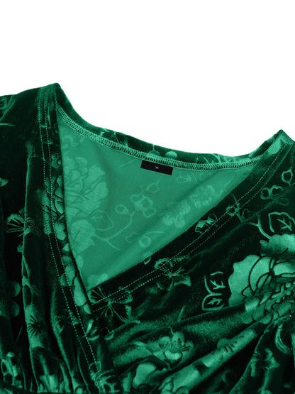 Velvet Floral Textured V Neck Long Sleeves Maxi Dress