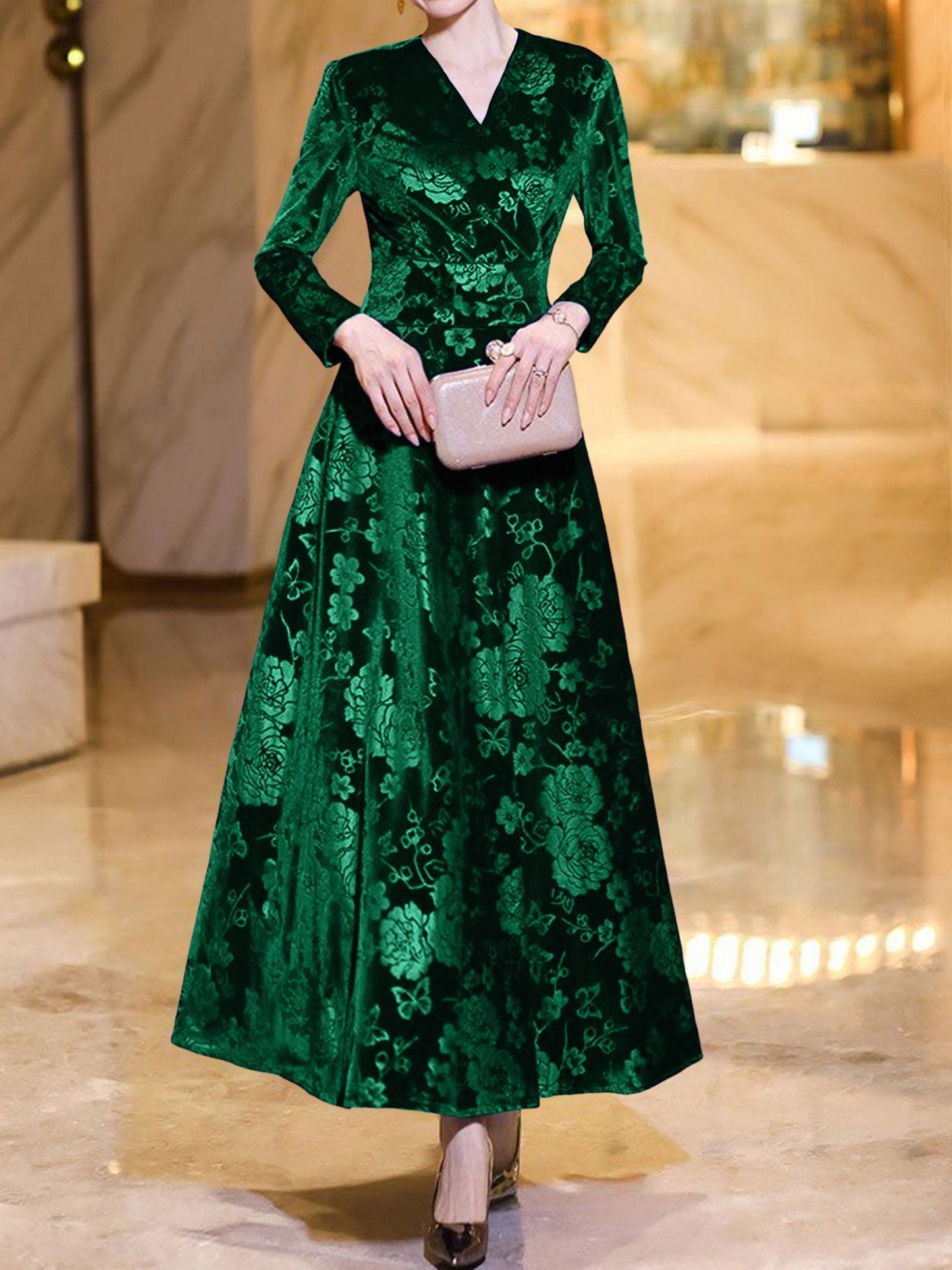 Velvet Floral Textured V Neck Long Sleeves Maxi Dress
