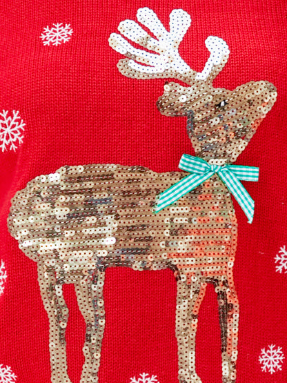 Christmas Sequined Deer Crew Neck Knit Sweater