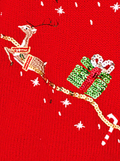 Christmas Sequined Deer Crew Neck Knit Sweater