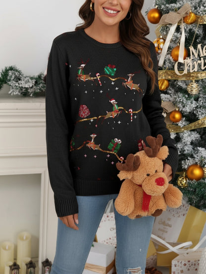 Christmas Sequined Deer Crew Neck Knit Sweater