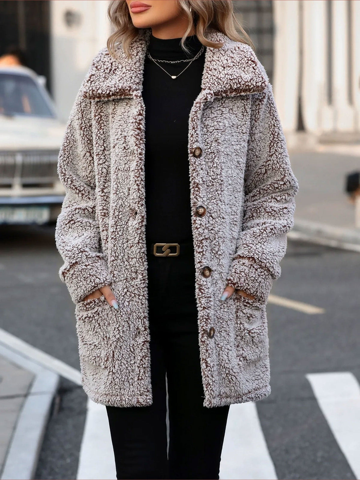 Loose Fit Collared Button Down Mid-Length Faux Fur Coat
