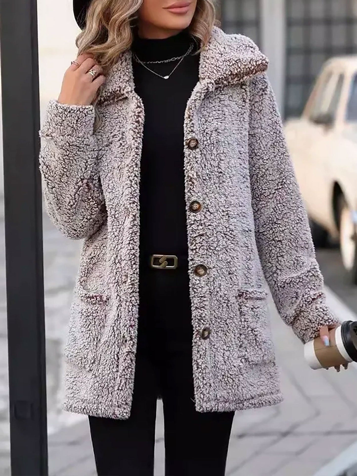 Loose Fit Collared Button Down Mid-Length Faux Fur Coat
