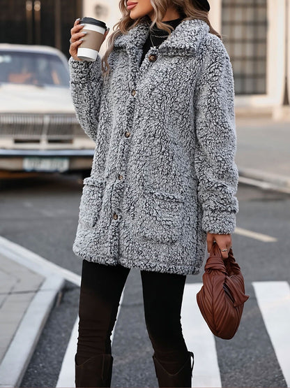 Loose Fit Collared Button Down Mid-Length Faux Fur Coat