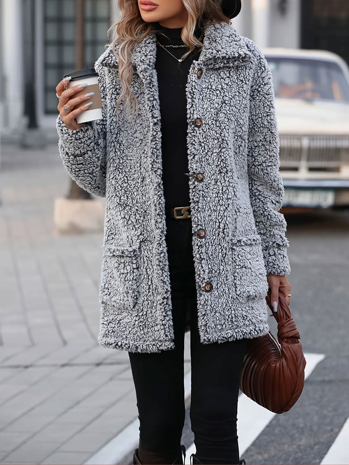 Loose Fit Collared Button Down Mid-Length Faux Fur Coat