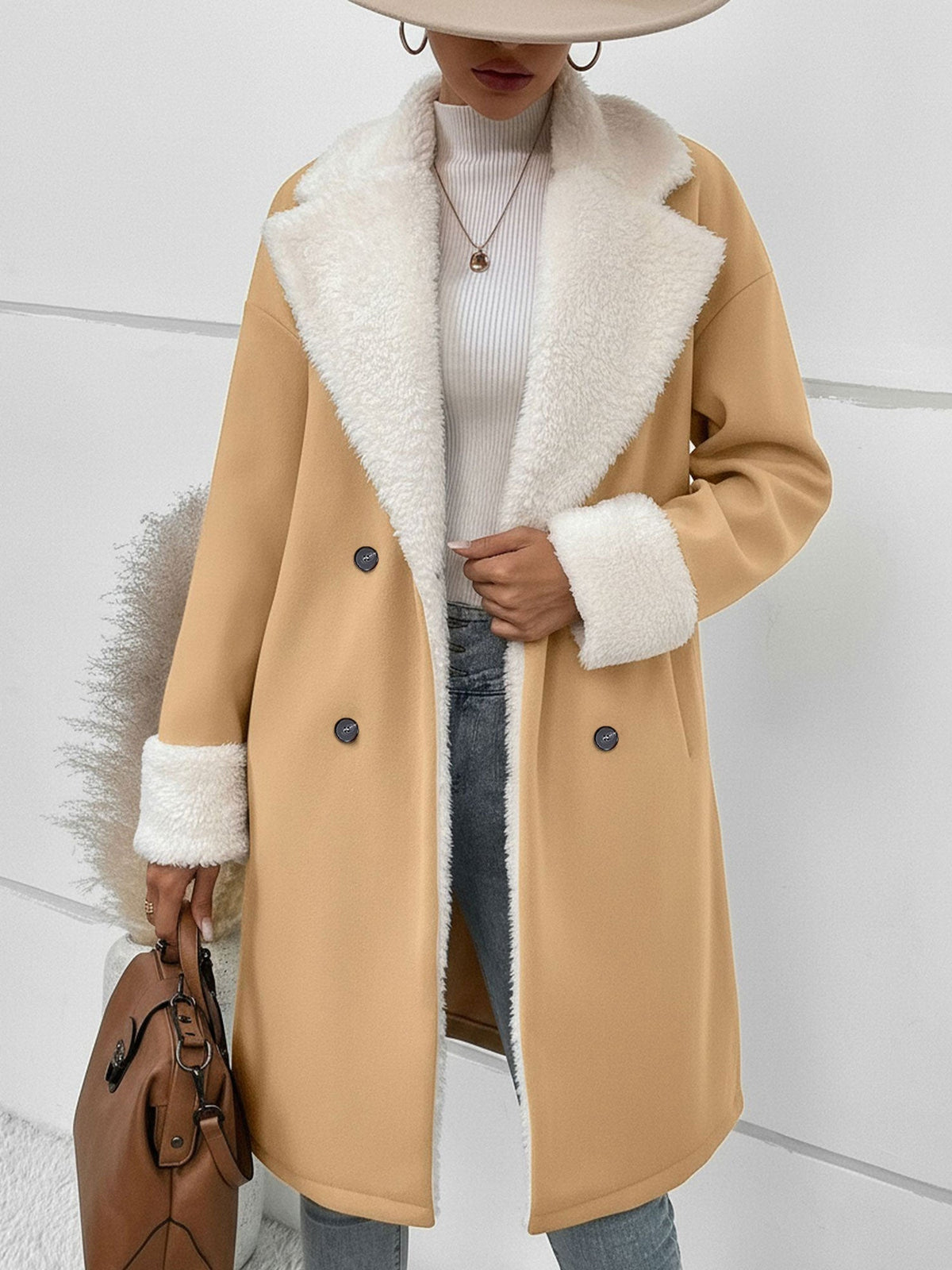 Fleece-Lined Notched Lapel Mid-Length Coat
