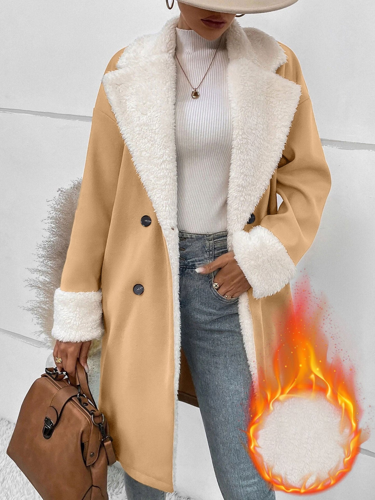 Fleece-Lined Notched Lapel Mid-Length Coat