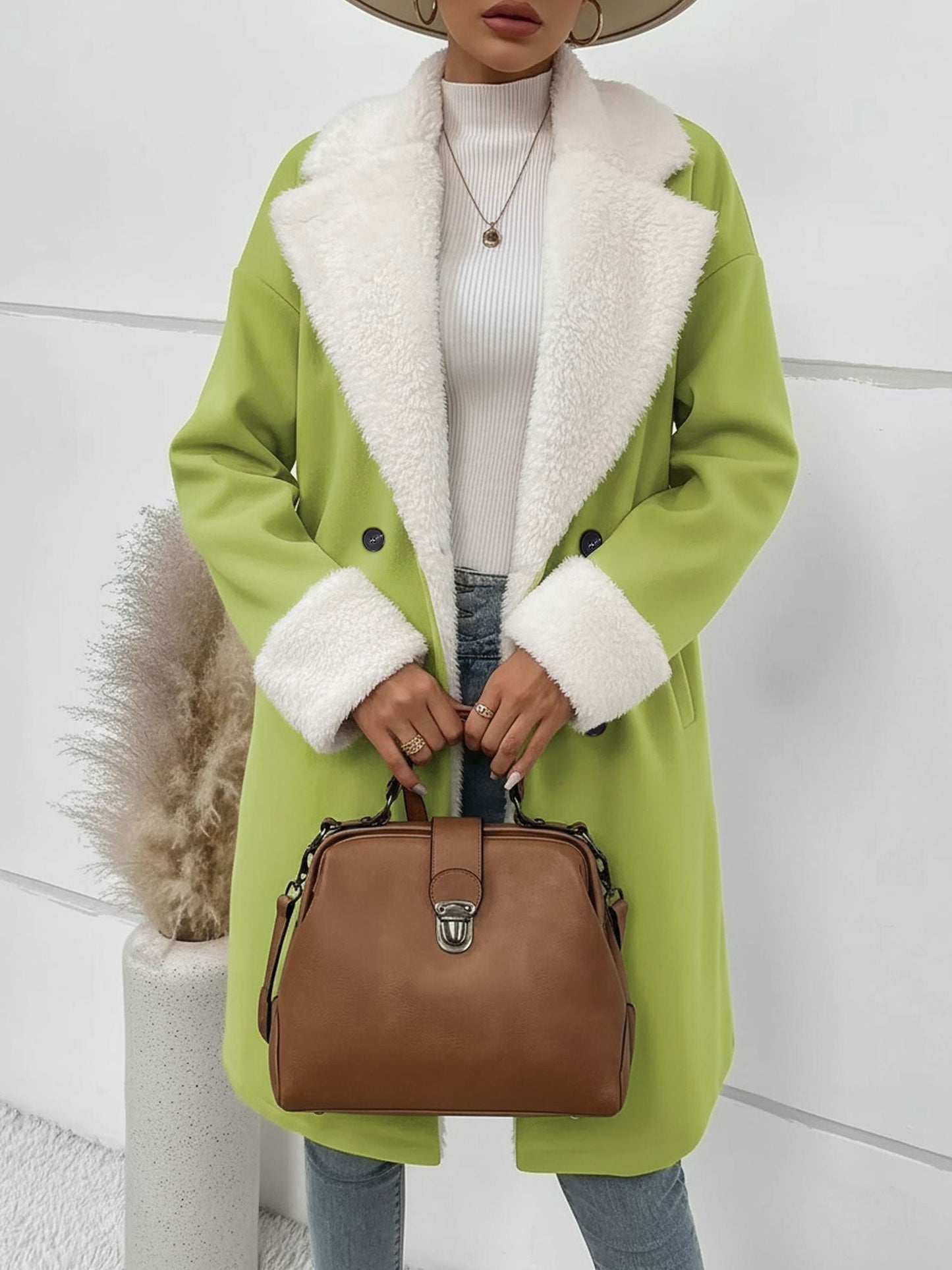 Fleece-Lined Notched Lapel Mid-Length Coat