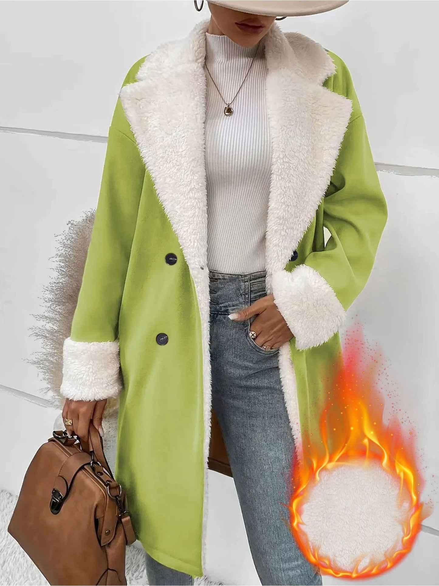 Fleece-Lined Notched Lapel Mid-Length Coat