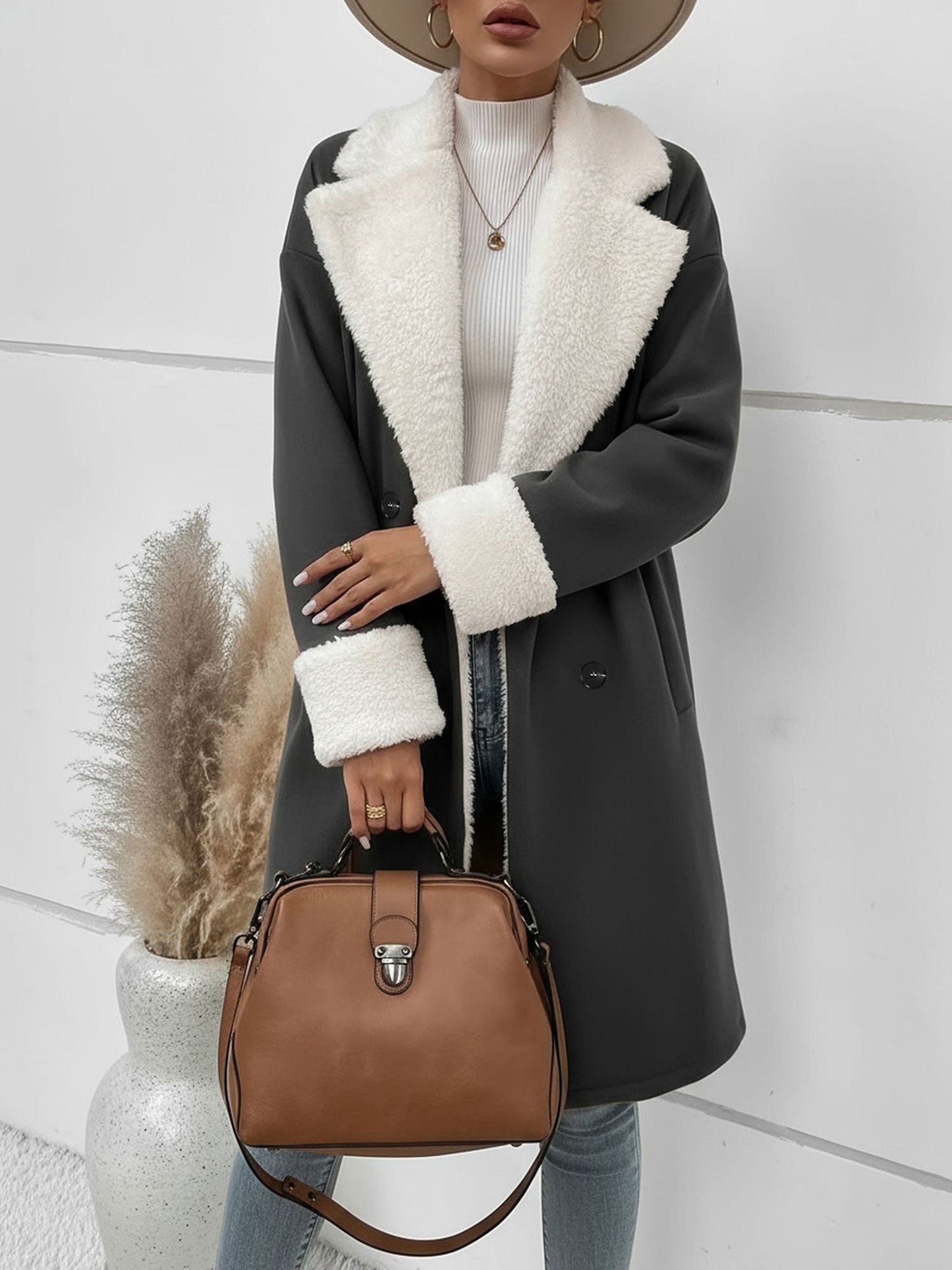 Fleece-Lined Notched Lapel Mid-Length Coat