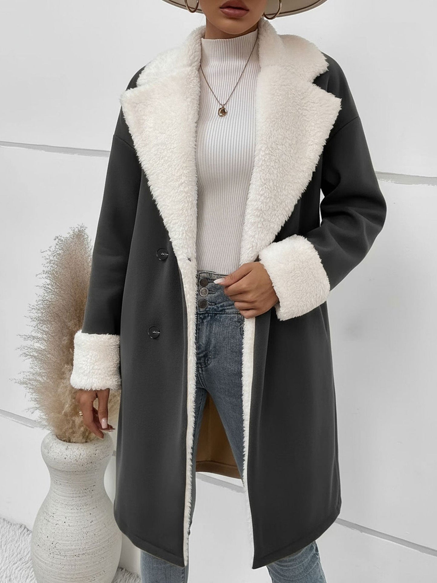 Fleece-Lined Notched Lapel Mid-Length Coat