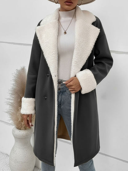 Fleece-Lined Notched Lapel Mid-Length Coat