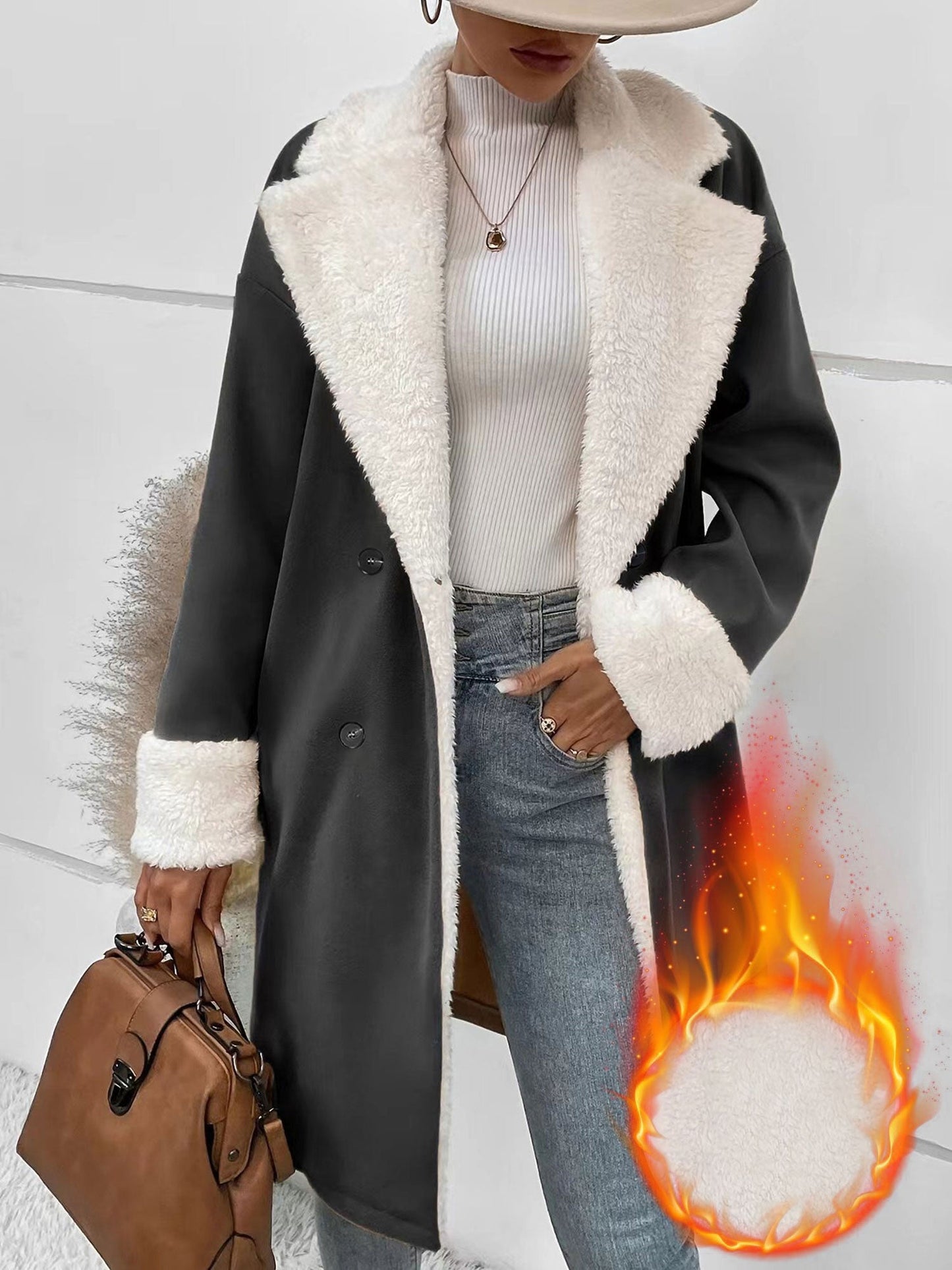 Fleece-Lined Notched Lapel Mid-Length Coat