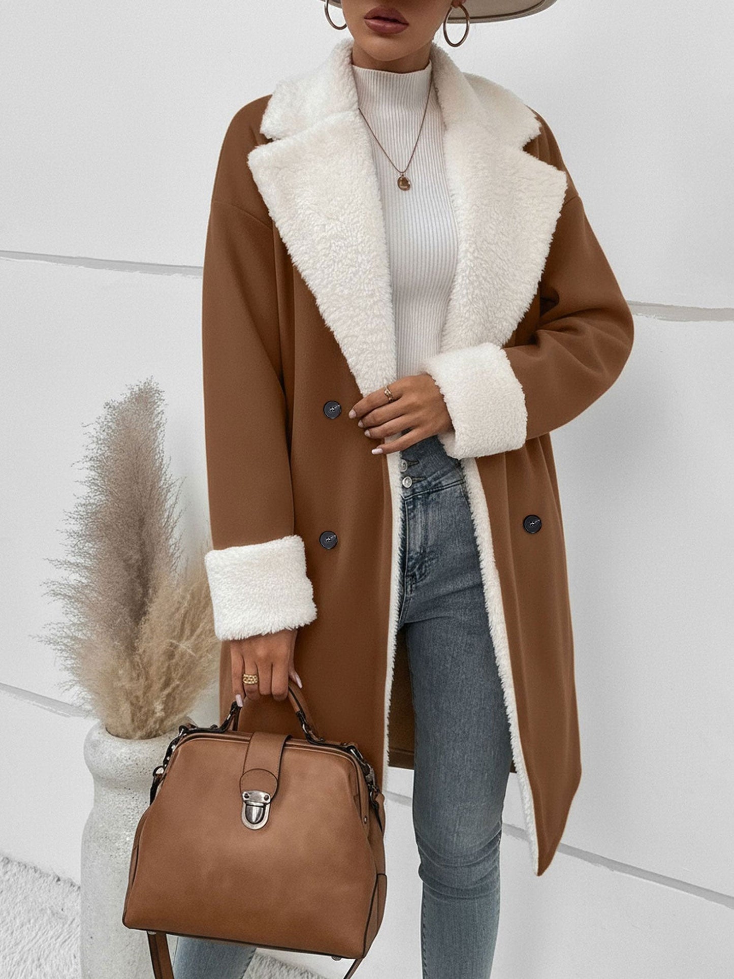 Fleece-Lined Notched Lapel Mid-Length Coat