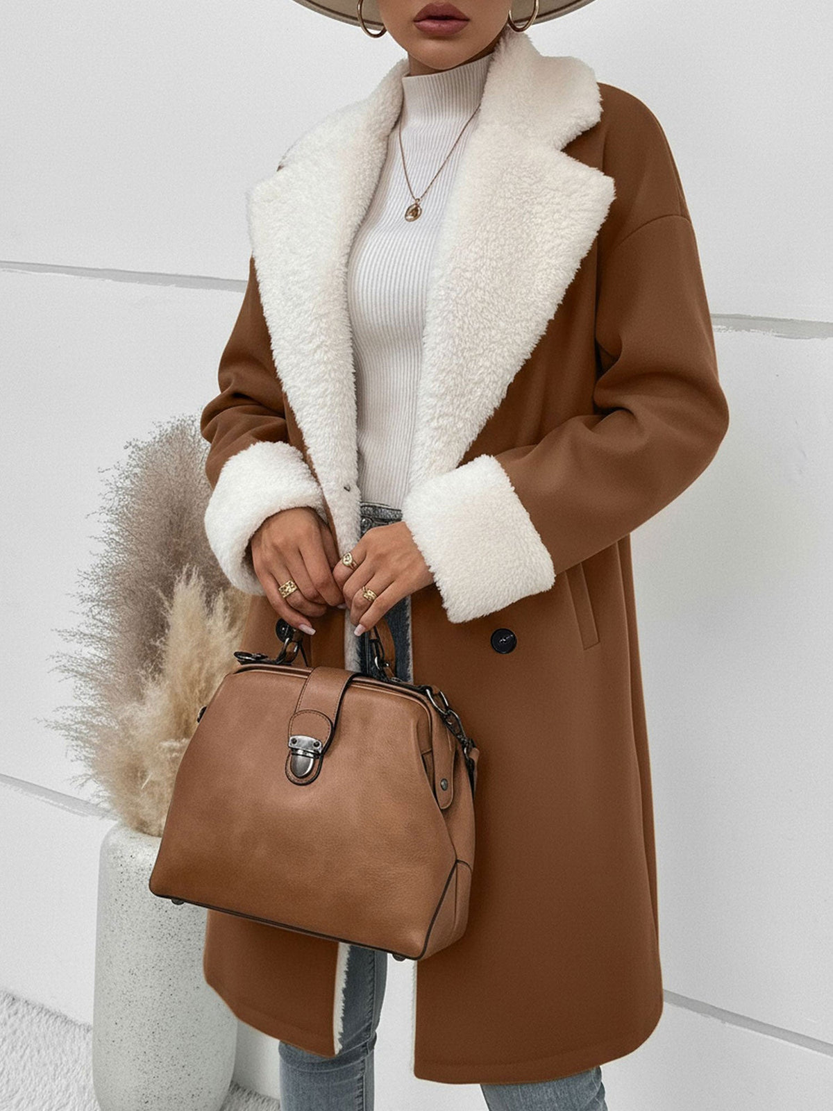 Fleece-Lined Notched Lapel Mid-Length Coat