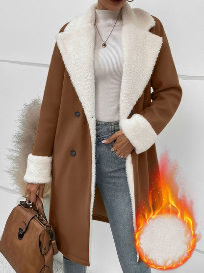 Fleece-Lined Notched Lapel Mid-Length Coat