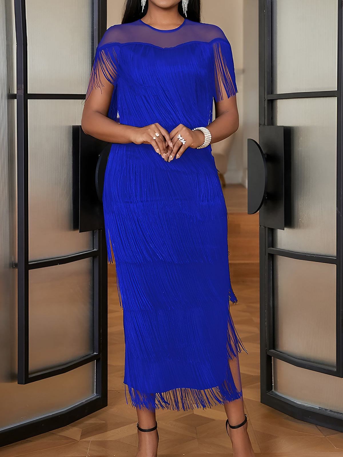 Tasseled Fringed Illusion Neck Slit Midi Cocktail Dress