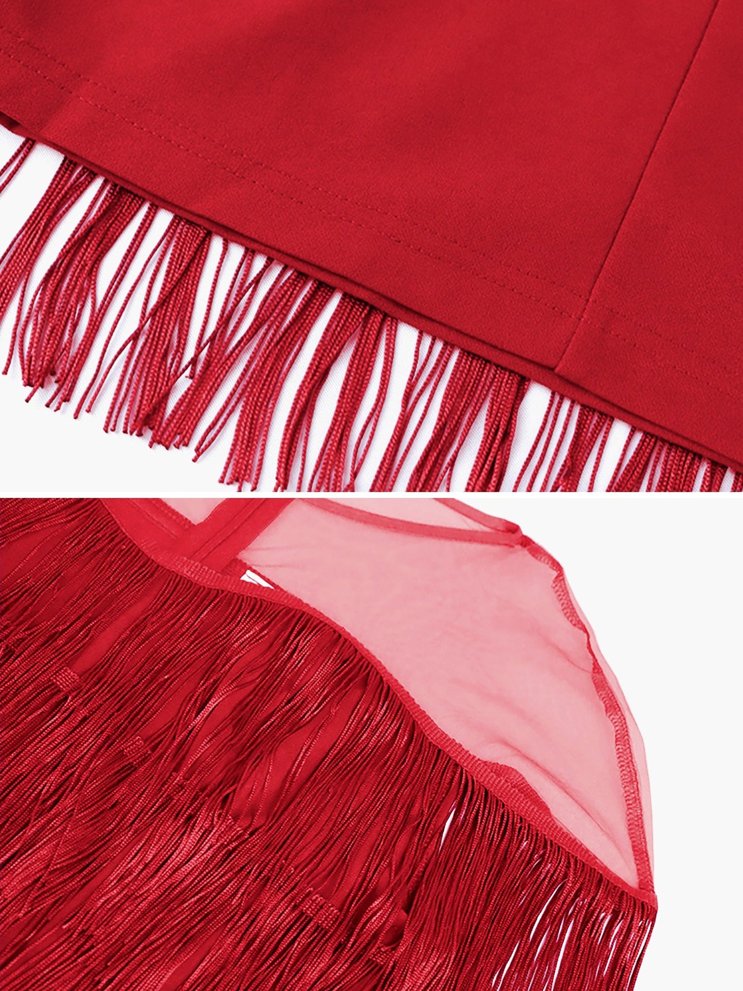 Tasseled Fringed Illusion Neck Slit Midi Cocktail Dress