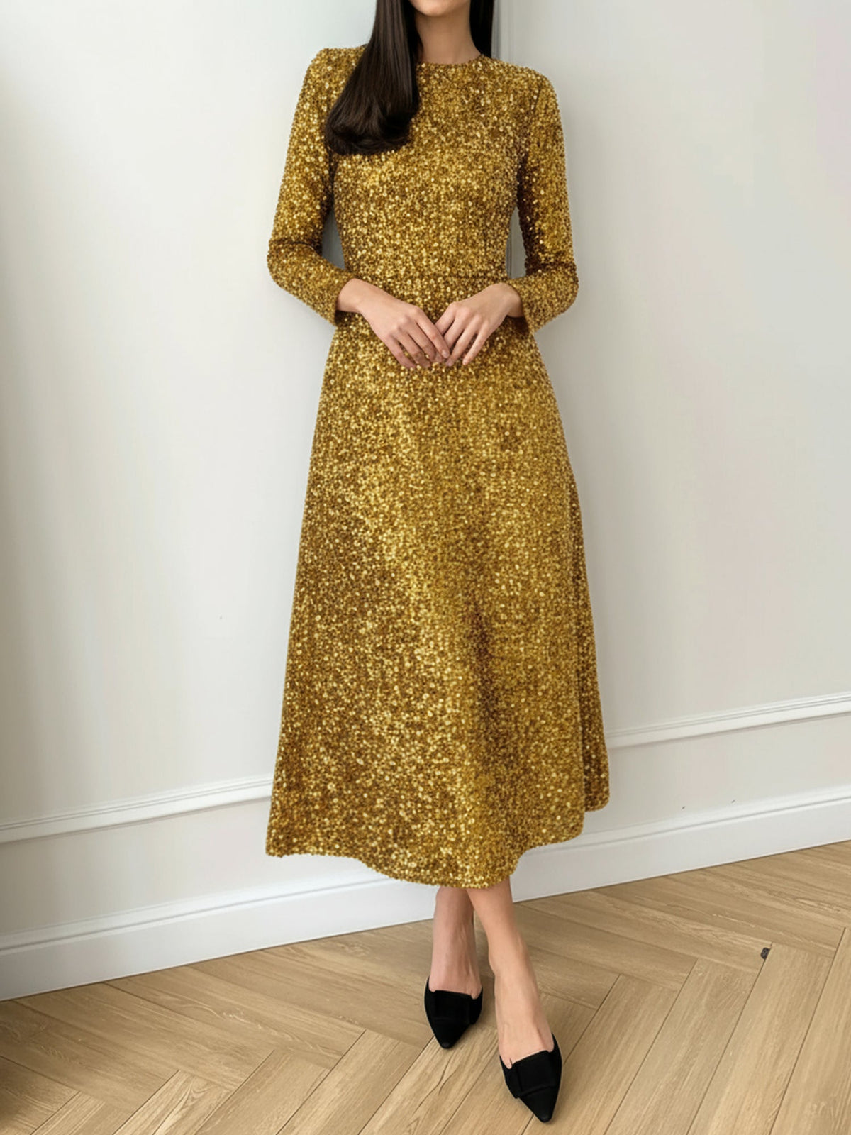 Velvet Sequin Crew Neck Long Sleeves A-Line Midi Dress