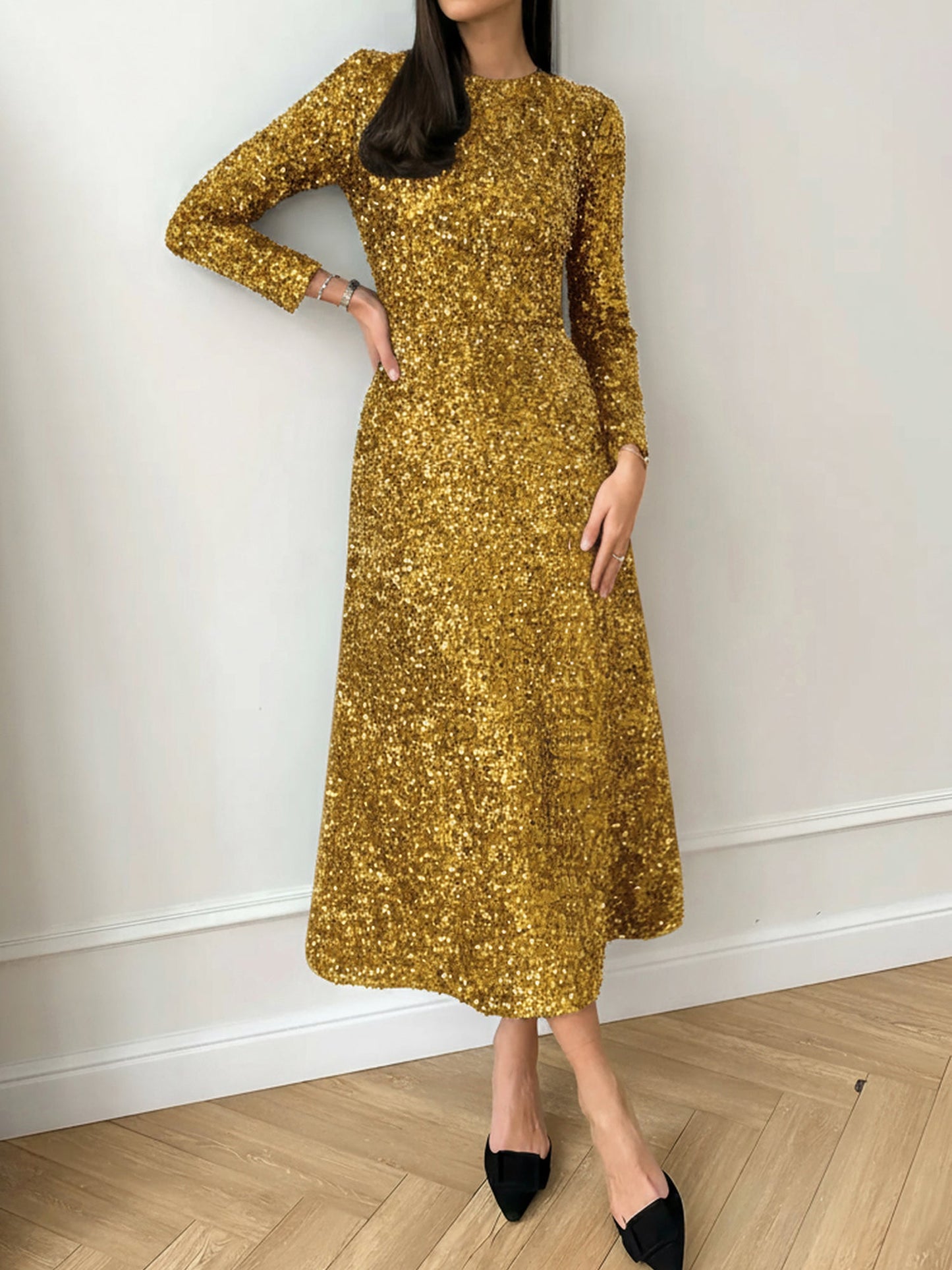Velvet Sequin Crew Neck Long Sleeves A-Line Midi Dress
