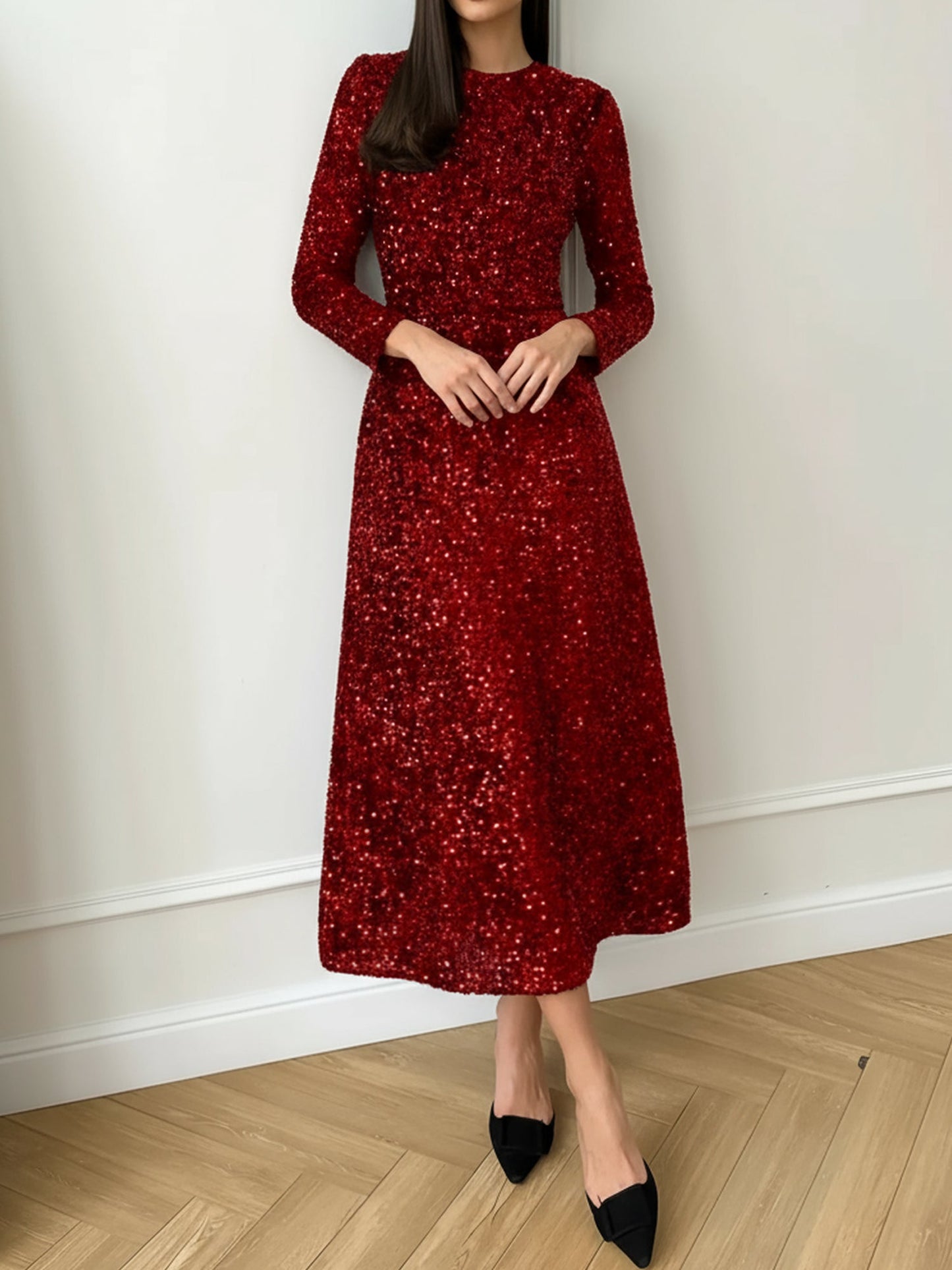 Velvet Sequin Crew Neck Long Sleeves A-Line Midi Dress