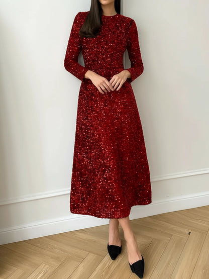 Velvet Sequin Crew Neck Long Sleeves A-Line Midi Dress