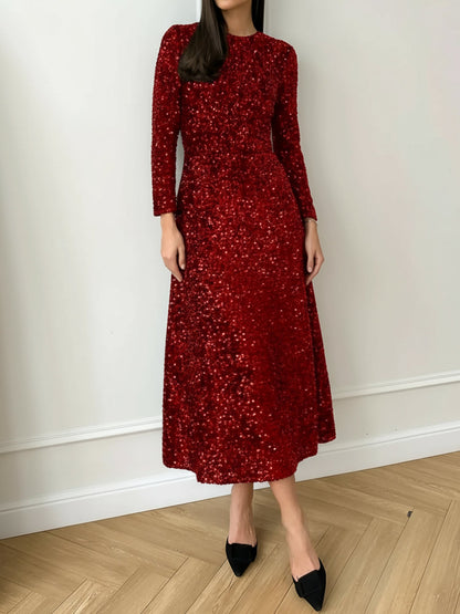 Velvet Sequin Crew Neck Long Sleeves A-Line Midi Dress