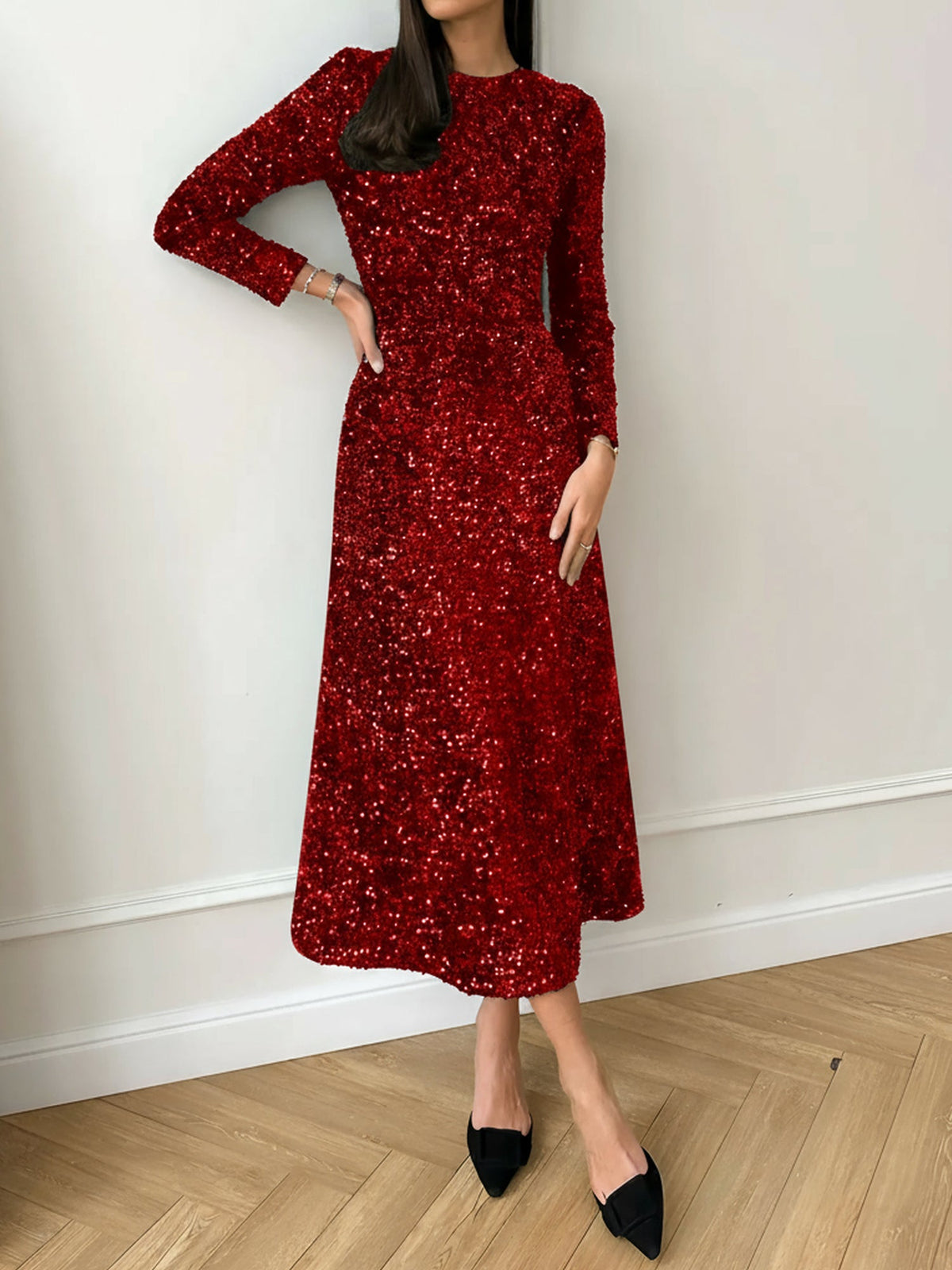 Velvet Sequin Crew Neck Long Sleeves A-Line Midi Dress
