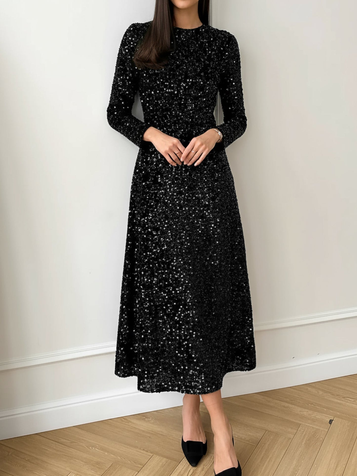 Velvet Sequin Crew Neck Long Sleeves A-Line Midi Dress