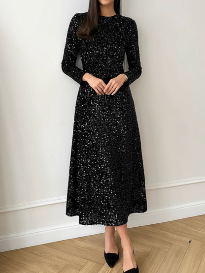 Velvet Sequin Crew Neck Long Sleeves A-Line Midi Dress