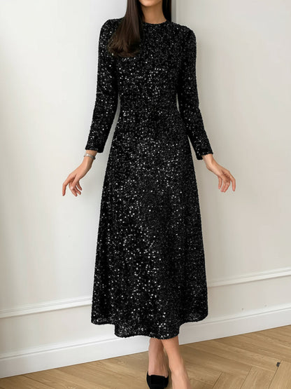 Velvet Sequin Crew Neck Long Sleeves A-Line Midi Dress