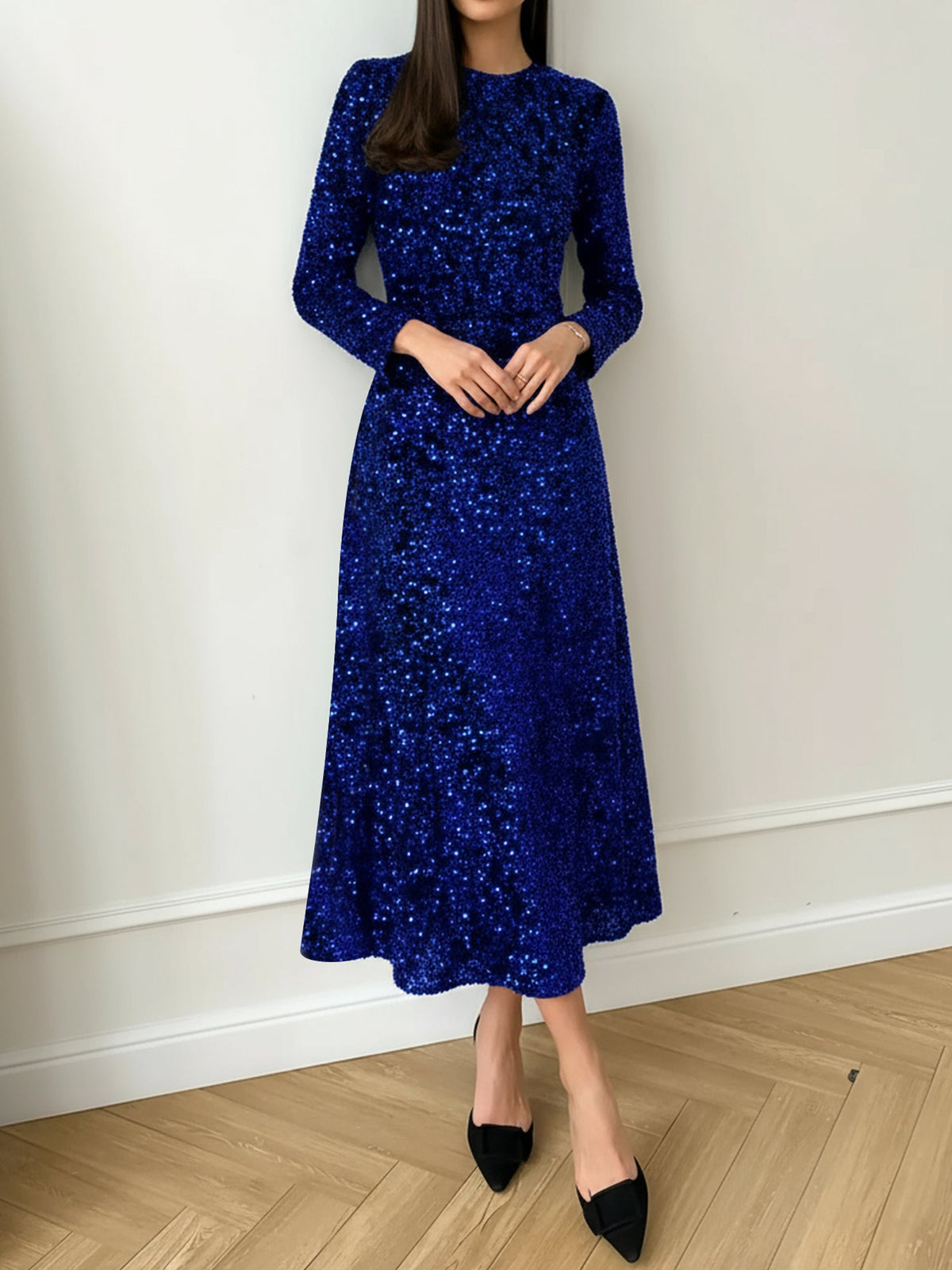 Velvet Sequin Crew Neck Long Sleeves A-Line Midi Dress